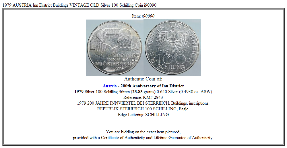 1979 AUSTRIA Inn District Buildings VINTAGE OLD Silver 100 Schilling Coin i90090