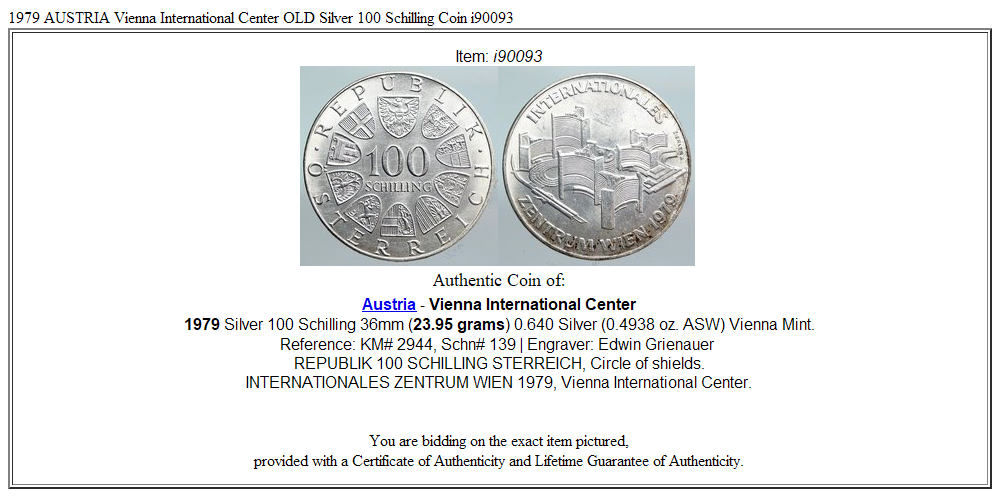 1979 AUSTRIA Vienna International Center OLD Silver 100 Schilling Coin i90093