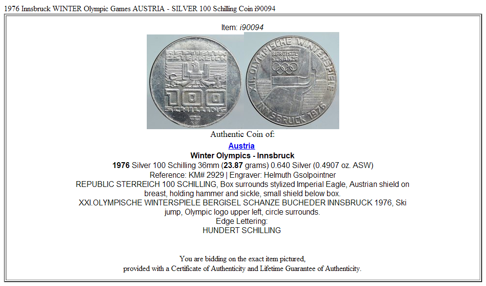 1976 Innsbruck WINTER Olympic Games AUSTRIA - SILVER 100 Schilling Coin i90094