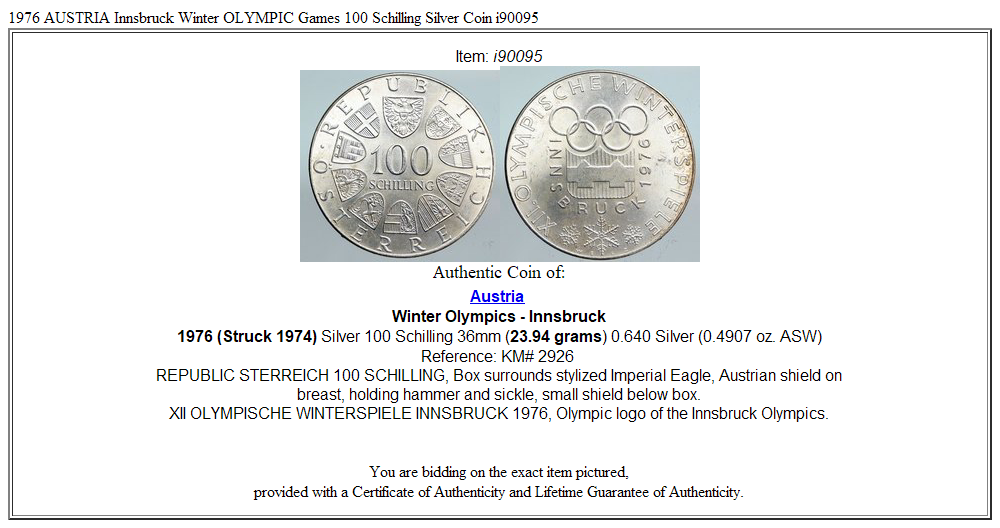 1976 AUSTRIA Innsbruck Winter OLYMPIC Games 100 Schilling Silver Coin i90095