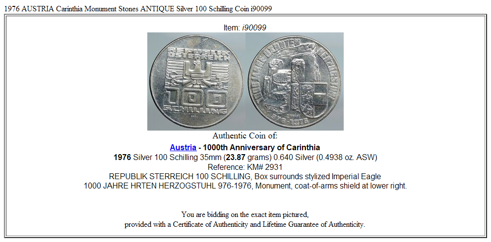 1976 AUSTRIA Carinthia Monument Stones ANTIQUE Silver 100 Schilling Coin i90099