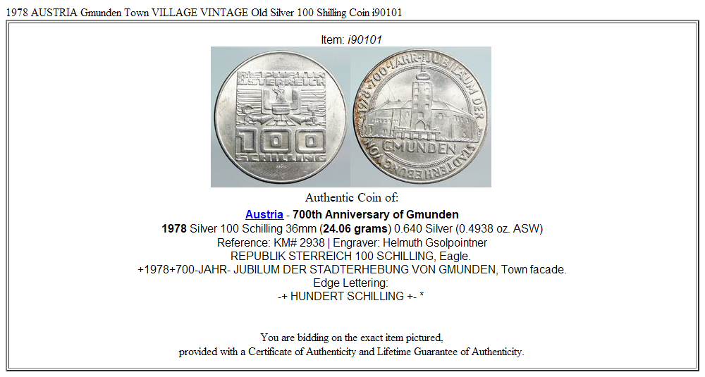 1978 AUSTRIA Gmunden Town VILLAGE VINTAGE Old Silver 100 Shilling Coin i90101