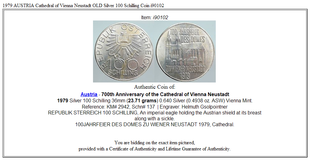 1979 AUSTRIA Cathedral of Vienna Neustadt OLD Silver 100 Schilling Coin i90102