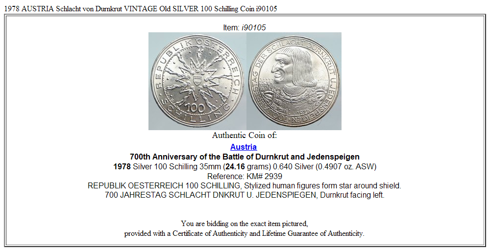 1978 AUSTRIA Schlacht von Durnkrut VINTAGE Old SILVER 100 Schilling Coin i90105