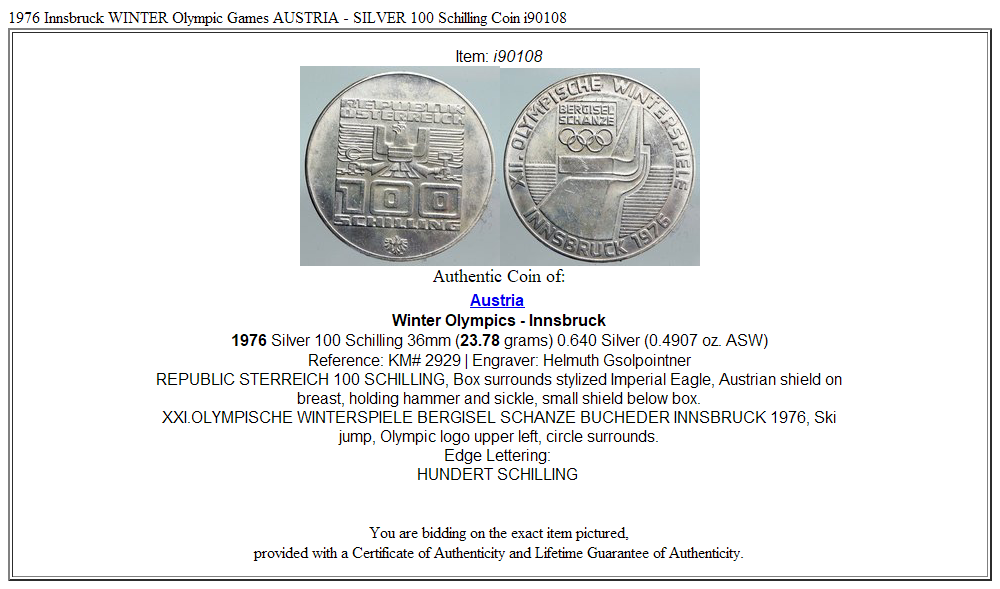 1976 Innsbruck WINTER Olympic Games AUSTRIA - SILVER 100 Schilling Coin i90108