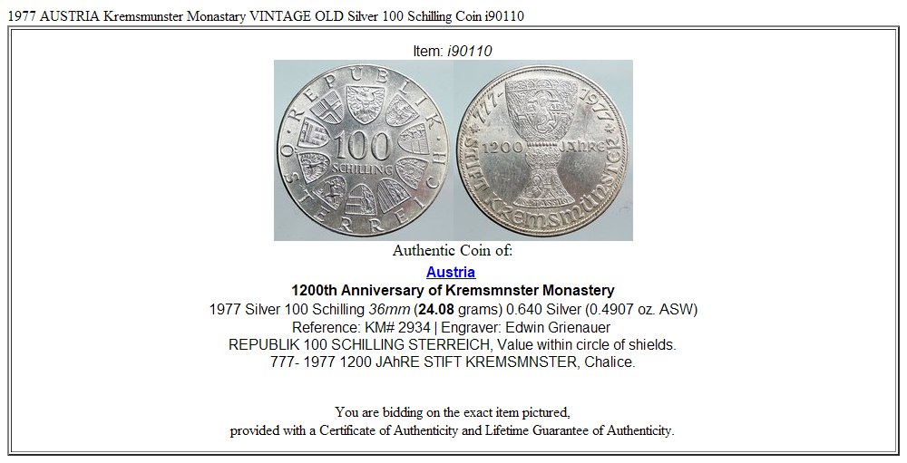 1977 AUSTRIA Kremsmunster Monastary VINTAGE OLD Silver 100 Schilling Coin i90110