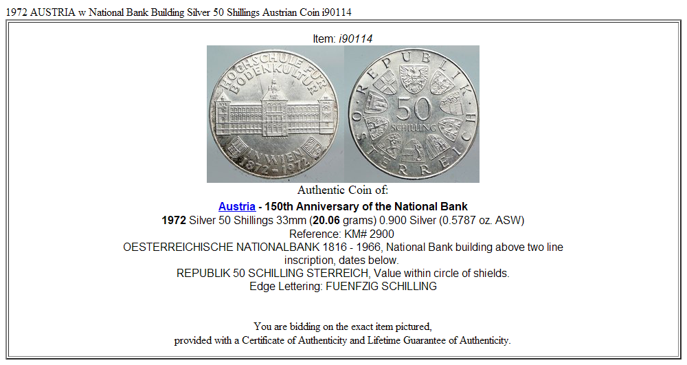 1972 AUSTRIA w National Bank Building Silver 50 Shillings Austrian Coin i90114