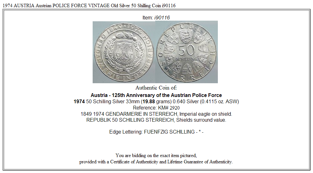 1974 AUSTRIA Austrian POLICE FORCE VINTAGE Old Silver 50 Shilling Coin i90116