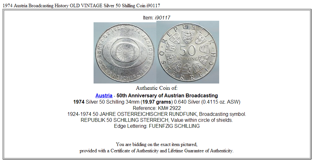 1974 Austria Broadcasting History OLD VINTAGE Silver 50 Shilling Coin i90117