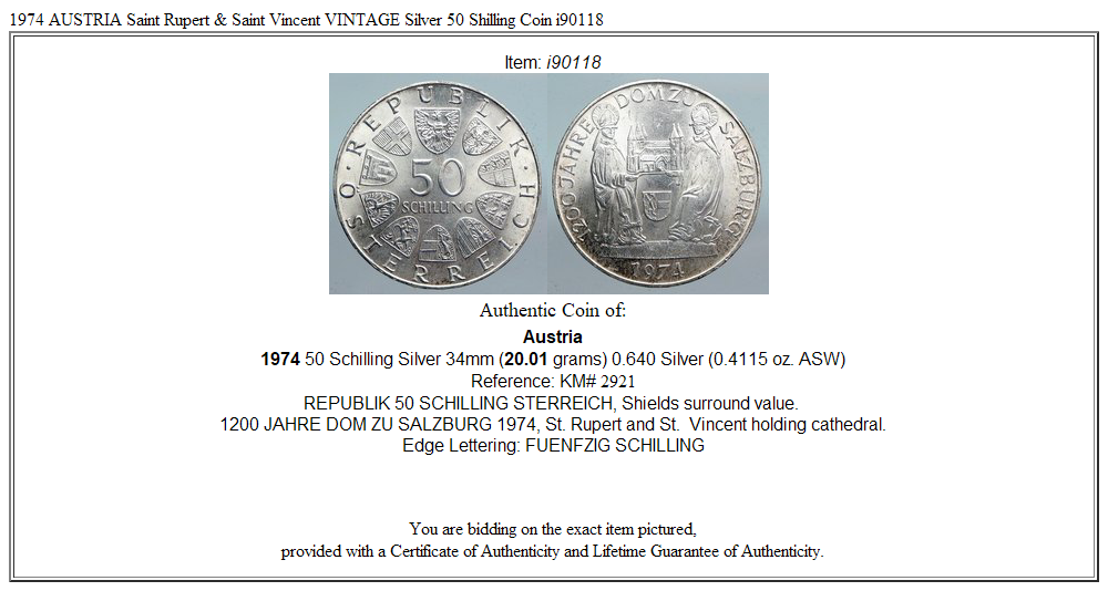 1974 AUSTRIA Saint Rupert & Saint Vincent VINTAGE Silver 50 Shilling Coin i90118