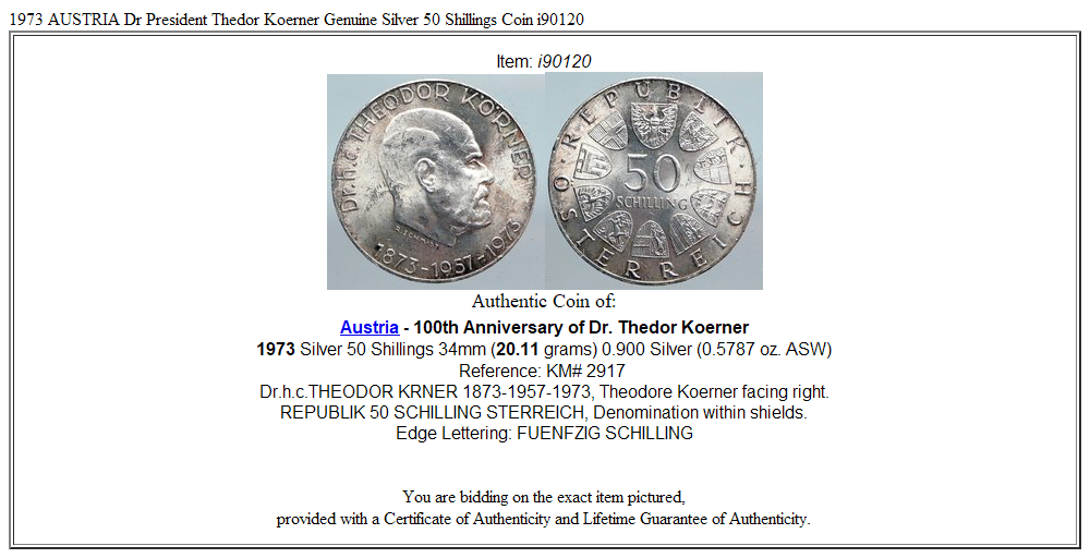 1973 AUSTRIA Dr President Thedor Koerner Genuine Silver 50 Shillings Coin i90120