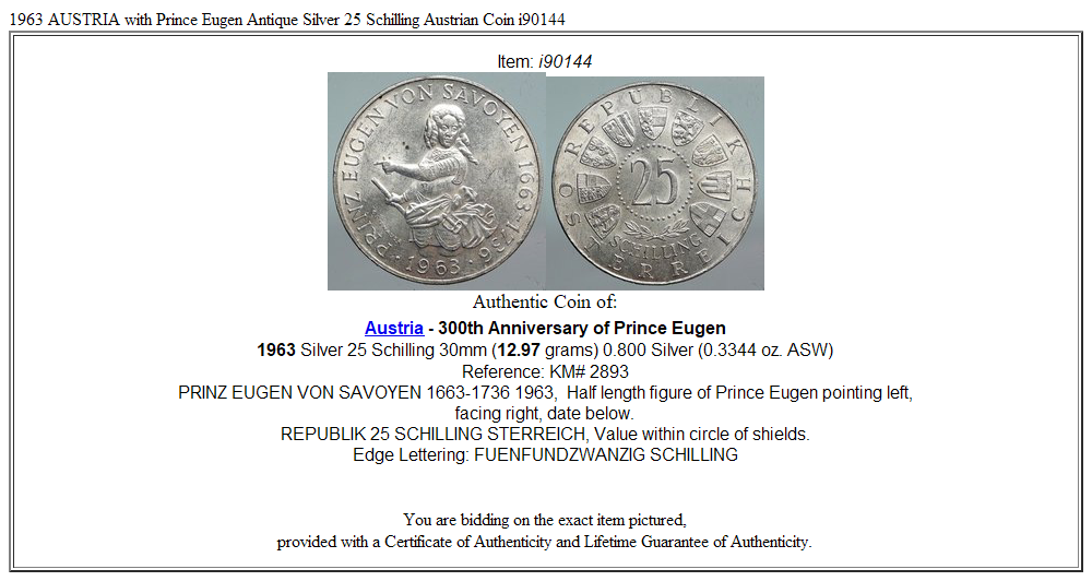 1963 AUSTRIA with Prince Eugen Antique Silver 25 Schilling Austrian Coin i90144