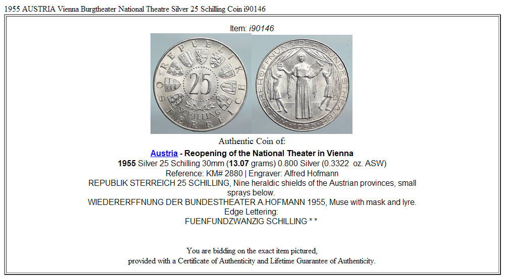 1955 AUSTRIA Vienna Burgtheater National Theatre Silver 25 Schilling Coin i90146