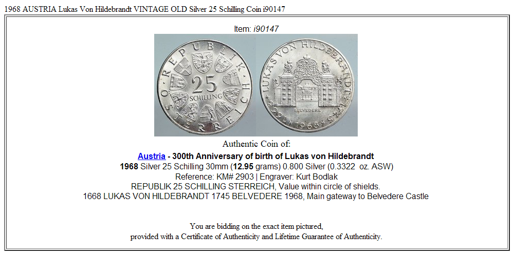 1968 AUSTRIA Lukas Von Hildebrandt VINTAGE OLD Silver 25 Schilling Coin i90147