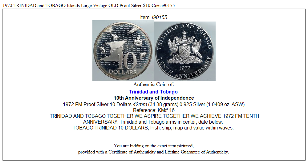 1972 TRINIDAD and TOBAGO Islands Large Vintage OLD Proof Silver $10 Coin i90155