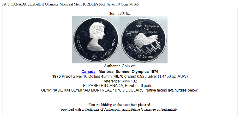 1975 CANADA Elizabeth II Olympics Montreal Men HURDLES PRF Silver 10 Coin i90165