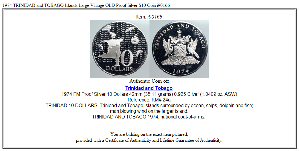 1974 TRINIDAD and TOBAGO Islands Large Vintage OLD Proof Silver $10 Coin i90166