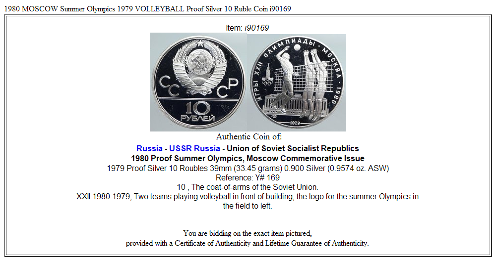 1980 MOSCOW Summer Olympics 1979 VOLLEYBALL Proof Silver 10 Ruble Coin i90169