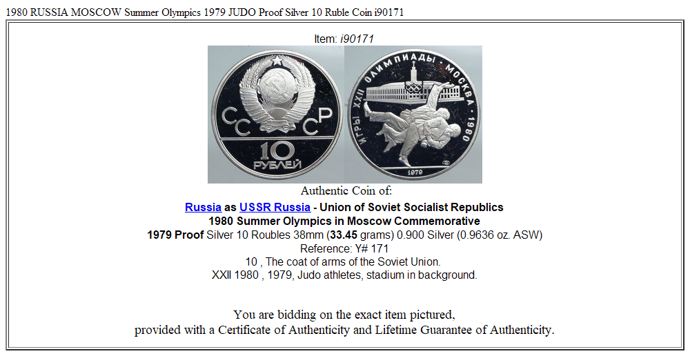 1980 RUSSIA MOSCOW Summer Olympics 1979 JUDO Proof Silver 10 Ruble Coin i90171