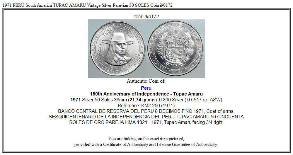 1971 PERU South America TUPAC AMARU Vintage Silver Peruvian 50 SOLES Coin i90172