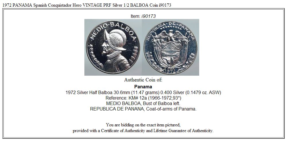 1972 PANAMA Spanish Conquistador Hero VINTAGE PRF Silver 1/2 BALBOA Coin i90173