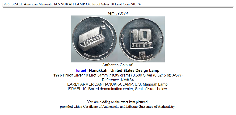 1976 ISRAEL American Menorah HANNUKAH LAMP Old Proof Silver 10 Lirot Coin i90174