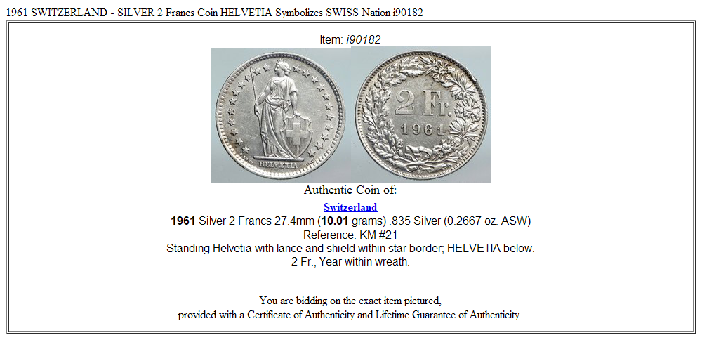 1961 SWITZERLAND - SILVER 2 Francs Coin HELVETIA Symbolizes SWISS Nation i90182