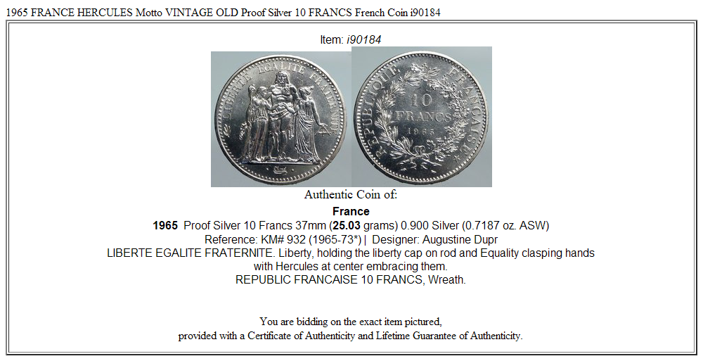 1965 FRANCE HERCULES Motto VINTAGE OLD Proof Silver 10 FRANCS French Coin i90184