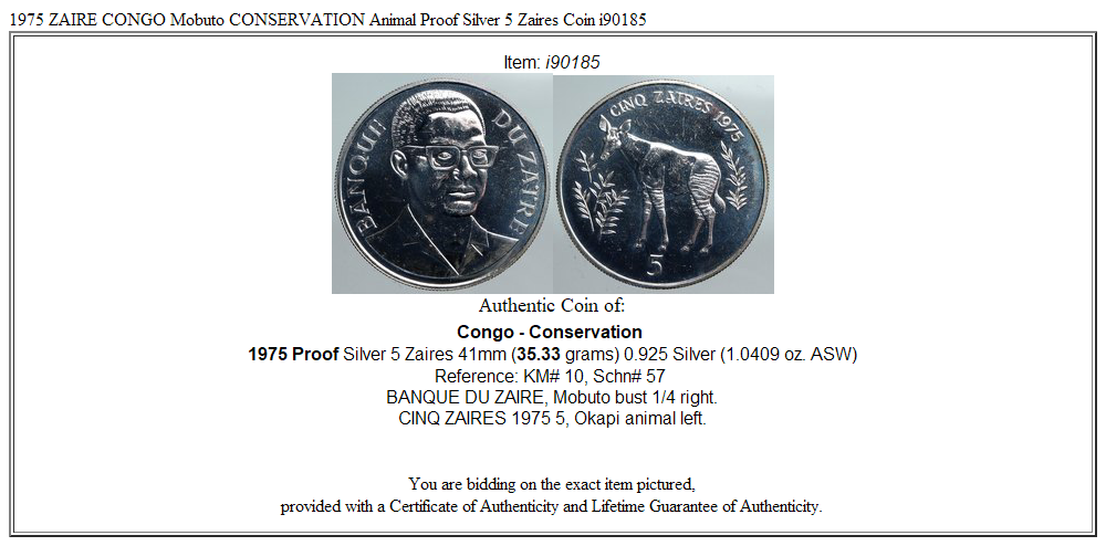 1975 ZAIRE CONGO Mobuto CONSERVATION Animal Proof Silver 5 Zaires Coin i90185