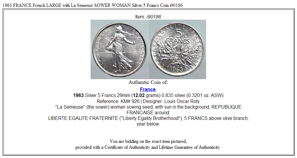 1963 FRANCE French LARGE with La Semeuse SOWER WOMAN Silver 5 Francs Coin i90186