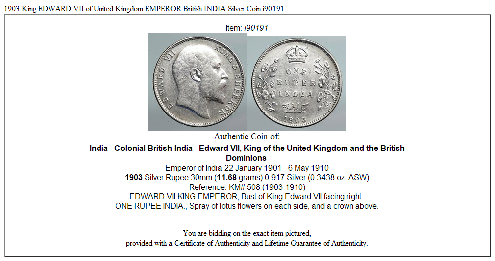 1903 King EDWARD VII of United Kingdom EMPEROR British INDIA Silver Coin i90191