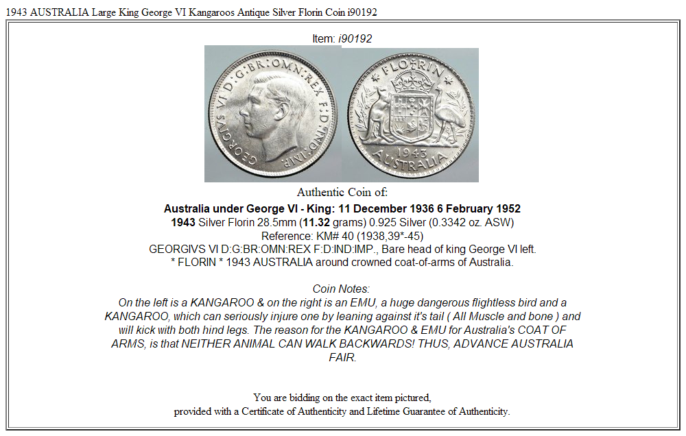 1943 AUSTRALIA Large King George VI Kangaroos Antique Silver Florin Coin i90192