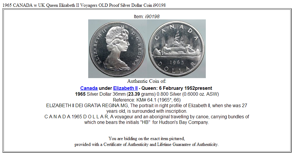 1965 CANADA w UK Queen Elizabeth II Voyagers OLD Proof Silver Dollar Coin i90198