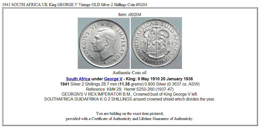 1941 SOUTH AFRICA UK King GEORGE V Vintage OLD Silver 2 Shillings Coin i90204