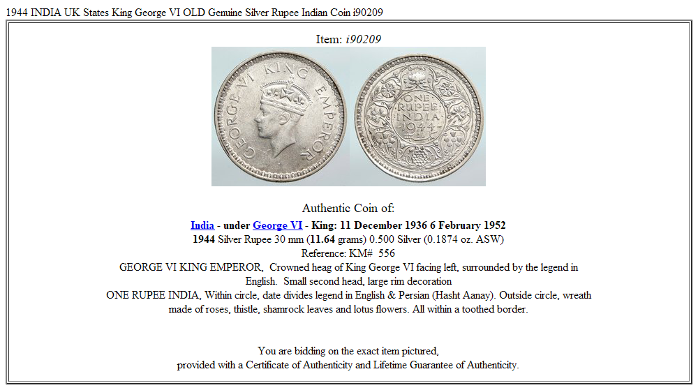 1944 INDIA UK States King George VI OLD Genuine Silver Rupee Indian Coin i90209