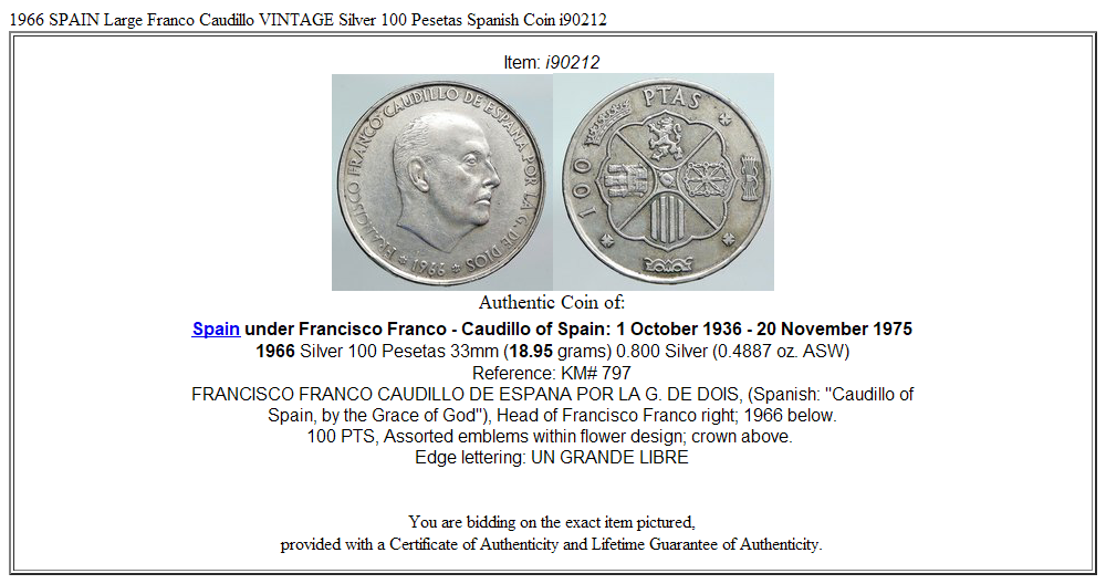 1966 SPAIN Large Franco Caudillo VINTAGE Silver 100 Pesetas Spanish Coin i90212