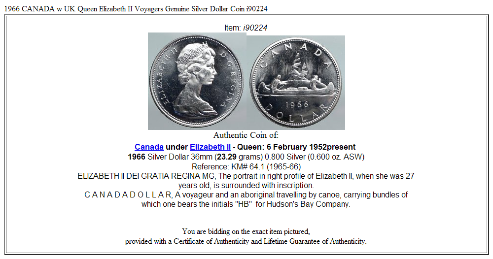 1966 CANADA w UK Queen Elizabeth II Voyagers Genuine Silver Dollar Coin i90224