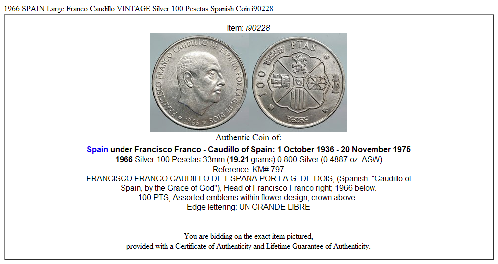 1966 SPAIN Large Franco Caudillo VINTAGE Silver 100 Pesetas Spanish Coin i90228