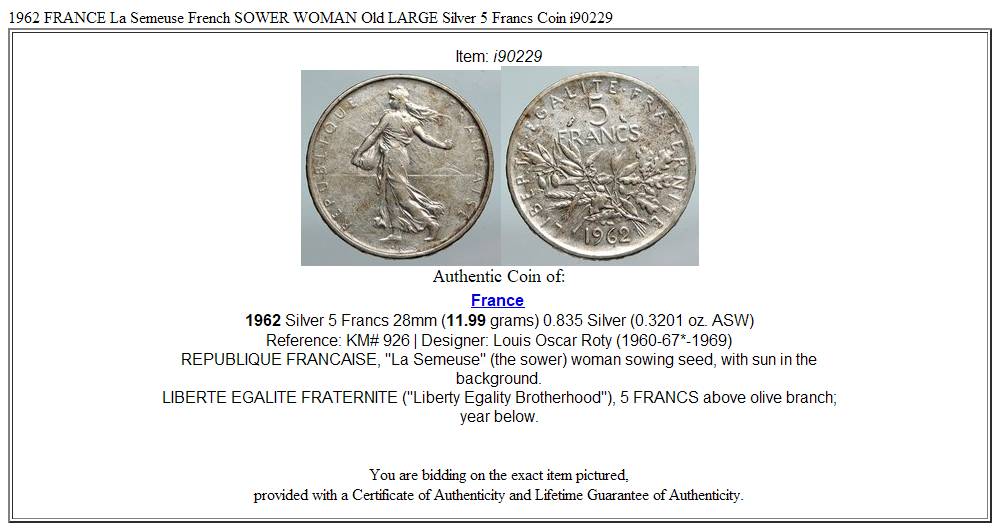 1962 FRANCE La Semeuse French SOWER WOMAN Old LARGE Silver 5 Francs Coin i90229