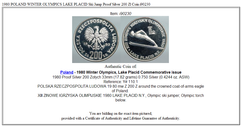 1980 POLAND WINTER OLYMPICS LAKE PLACID Ski Jump Proof Silver 200 Zl Coin i90230