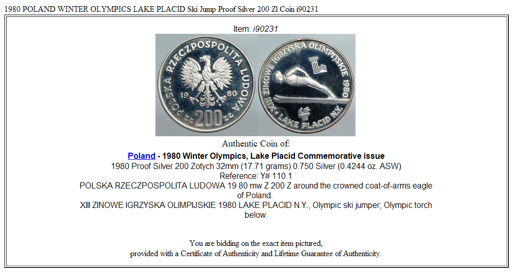 1980 POLAND WINTER OLYMPICS LAKE PLACID Ski Jump Proof Silver 200 Zl Coin i90231