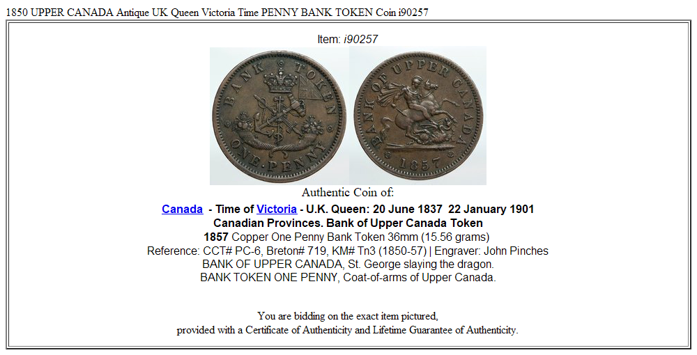 1850 UPPER CANADA Antique UK Queen Victoria Time PENNY BANK TOKEN Coin i90257