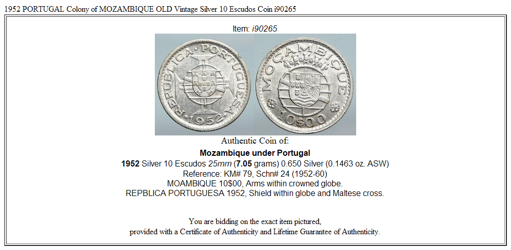 1952 PORTUGAL Colony of MOZAMBIQUE OLD Vintage Silver 10 Escudos Coin i90265