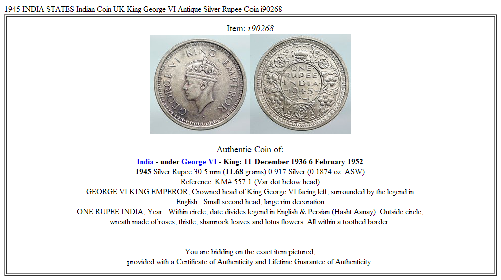 1945 INDIA STATES Indian Coin UK King George VI Antique Silver Rupee Coin i90268