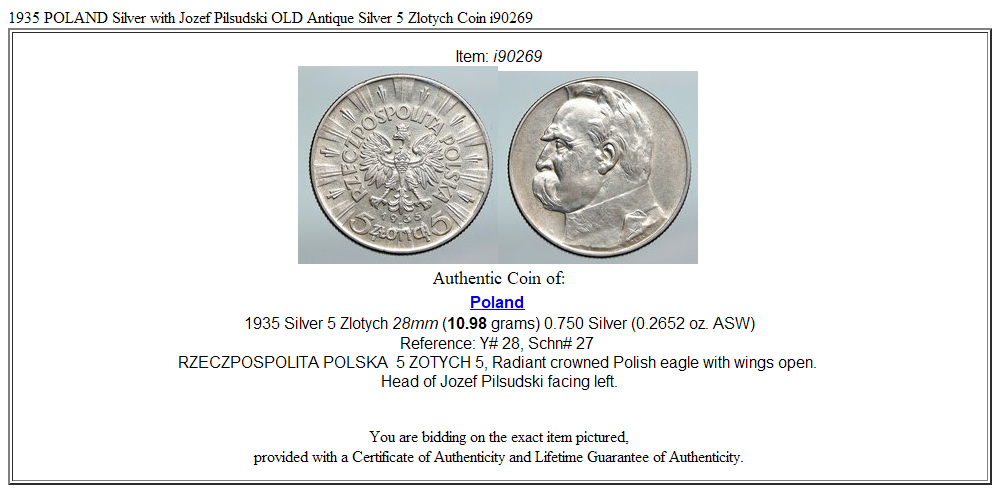 1935 POLAND Silver with Jozef Pilsudski OLD Antique Silver 5 Zlotych Coin i90269