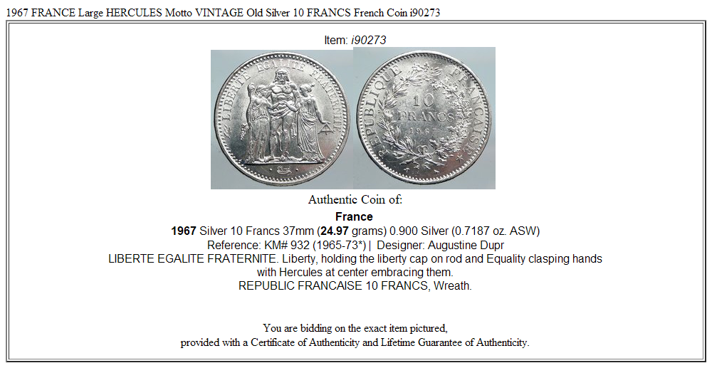 1967 FRANCE Large HERCULES Motto VINTAGE Old Silver 10 FRANCS French Coin i90273