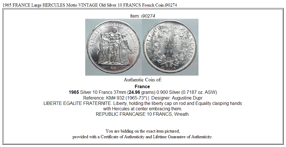 1965 FRANCE Large HERCULES Motto VINTAGE Old Silver 10 FRANCS French Coin i90274