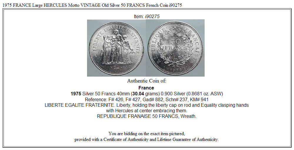 1975 FRANCE Large HERCULES Motto VINTAGE Old Silver 50 FRANCS French Coin i90275