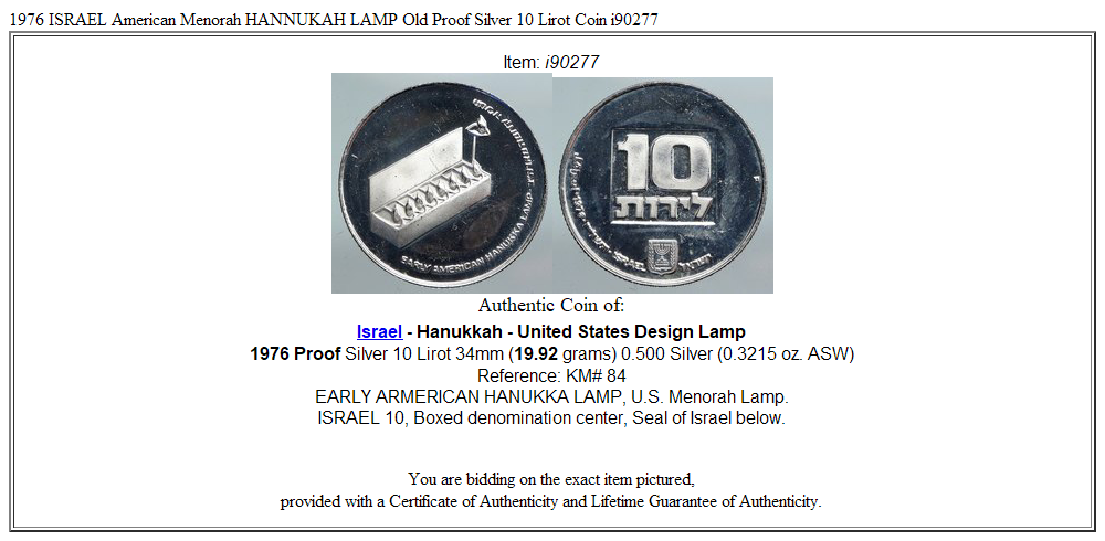 1976 ISRAEL American Menorah HANNUKAH LAMP Old Proof Silver 10 Lirot Coin i90277