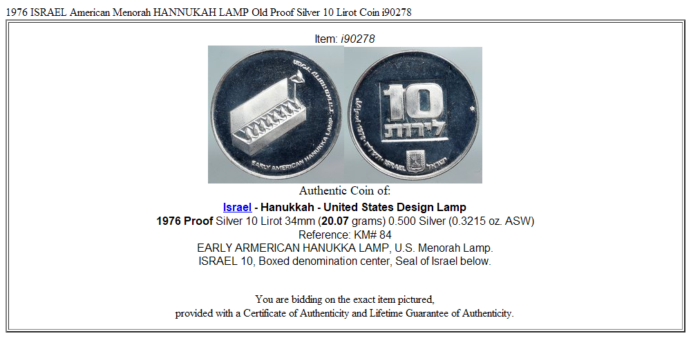 1976 ISRAEL American Menorah HANNUKAH LAMP Old Proof Silver 10 Lirot Coin i90278